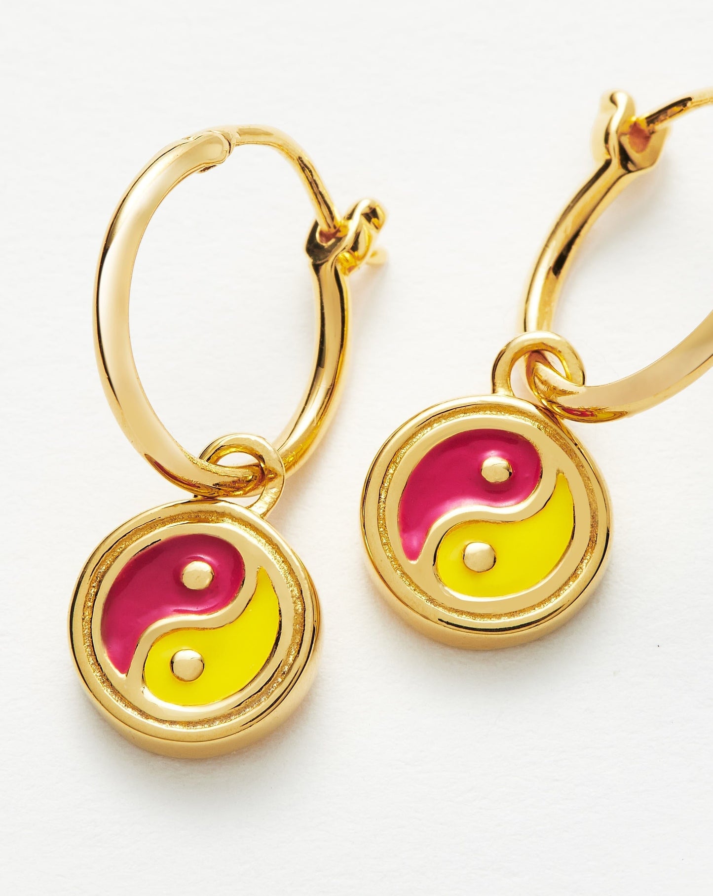 Good Vibes Enamel Yin & Yang Mini Charm Hoop Earrings | 18ct Gold Vermeil/Pink & Lemon Yellow