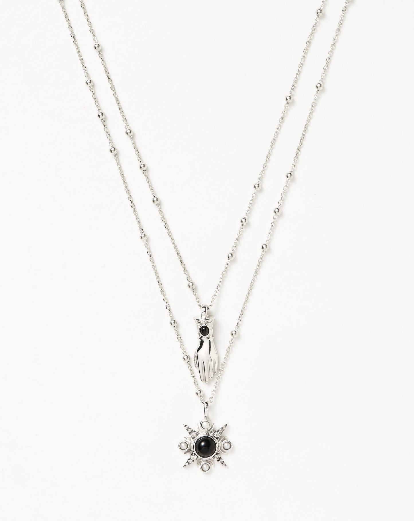 Harris Reed Handpicked Double Chain Pendant Necklace | Silver Plated/Pearl & Onyx