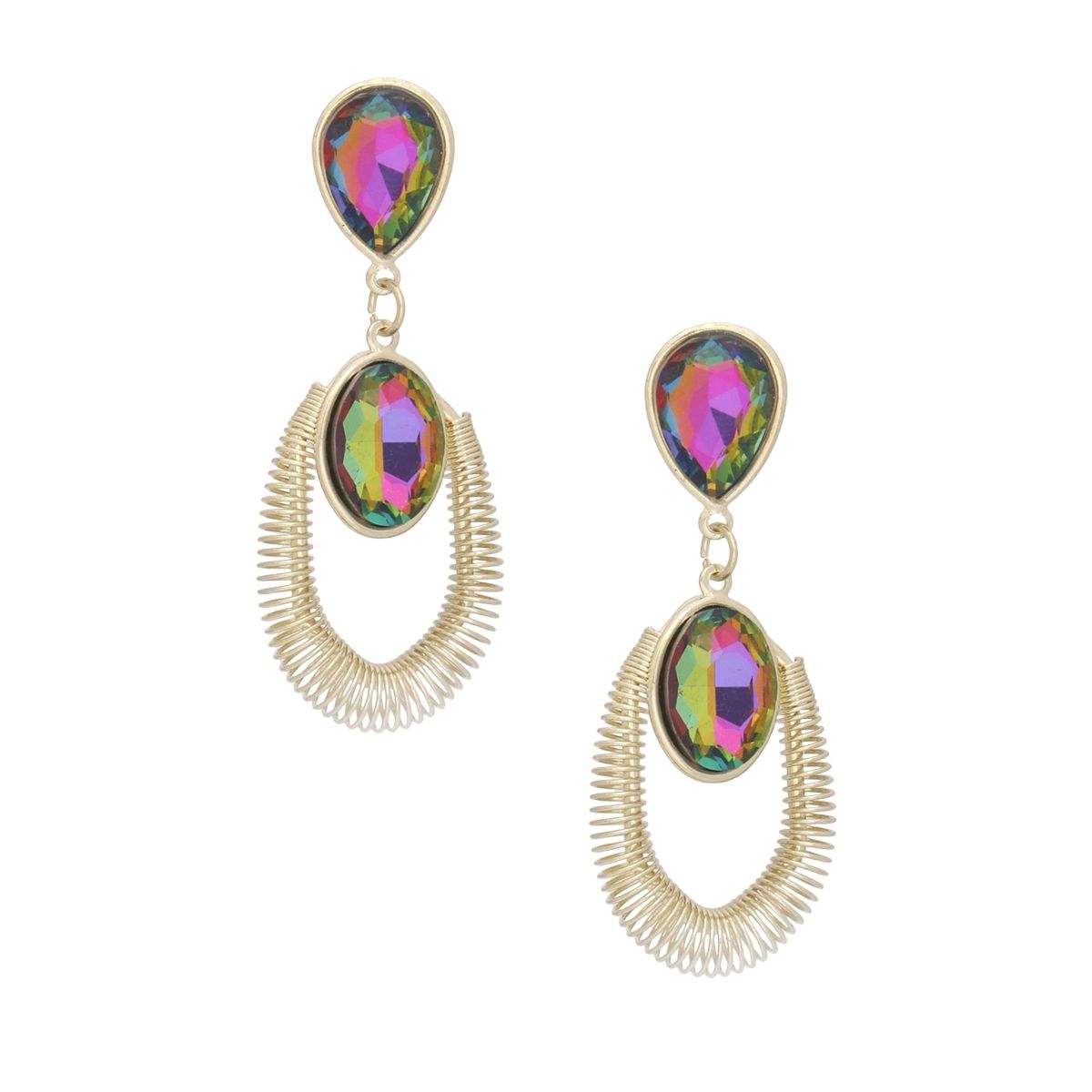 Teardrop Pink Green Crystal Coiled Wire Earrings