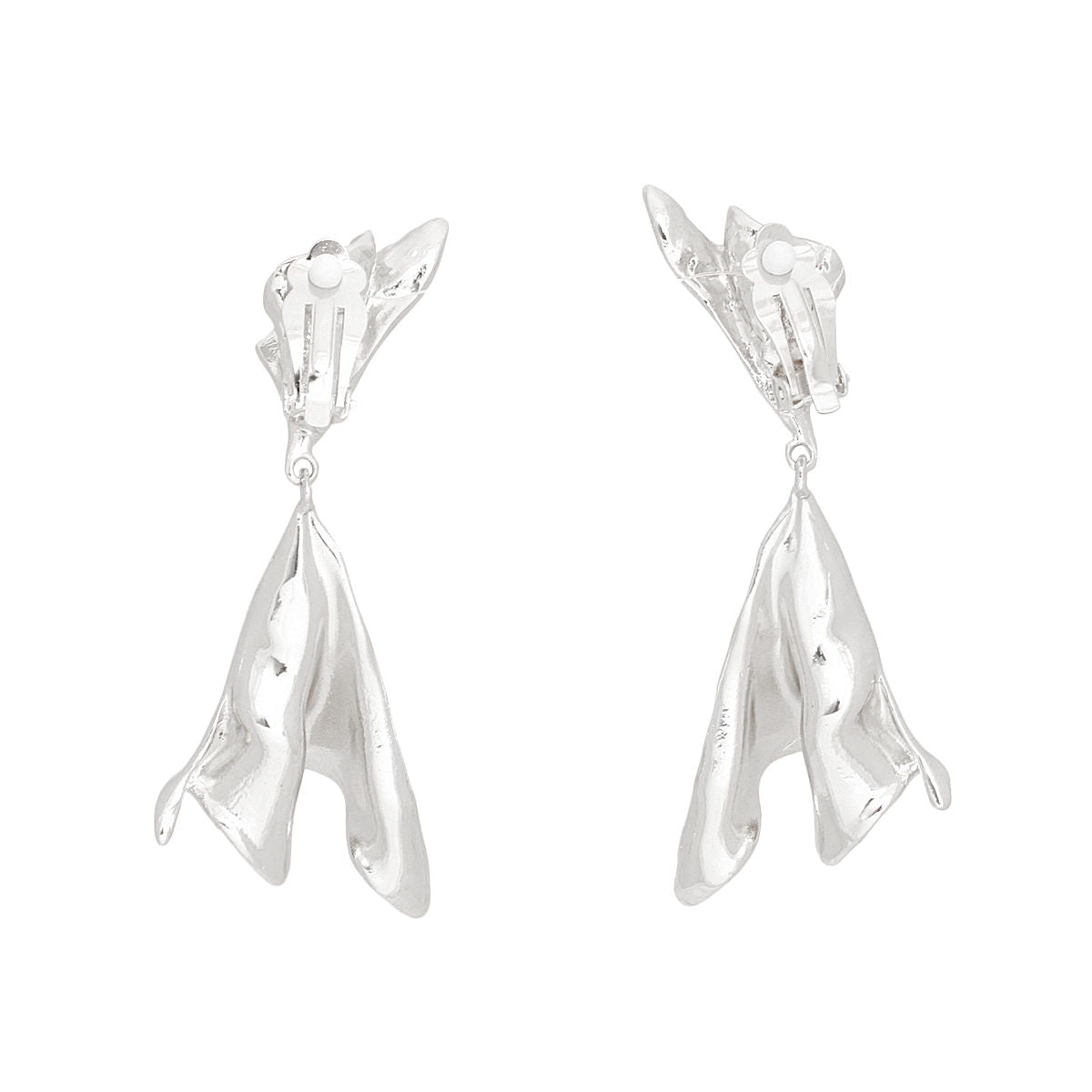 Clip On Dramatic Silver Gathered Metal Earrings