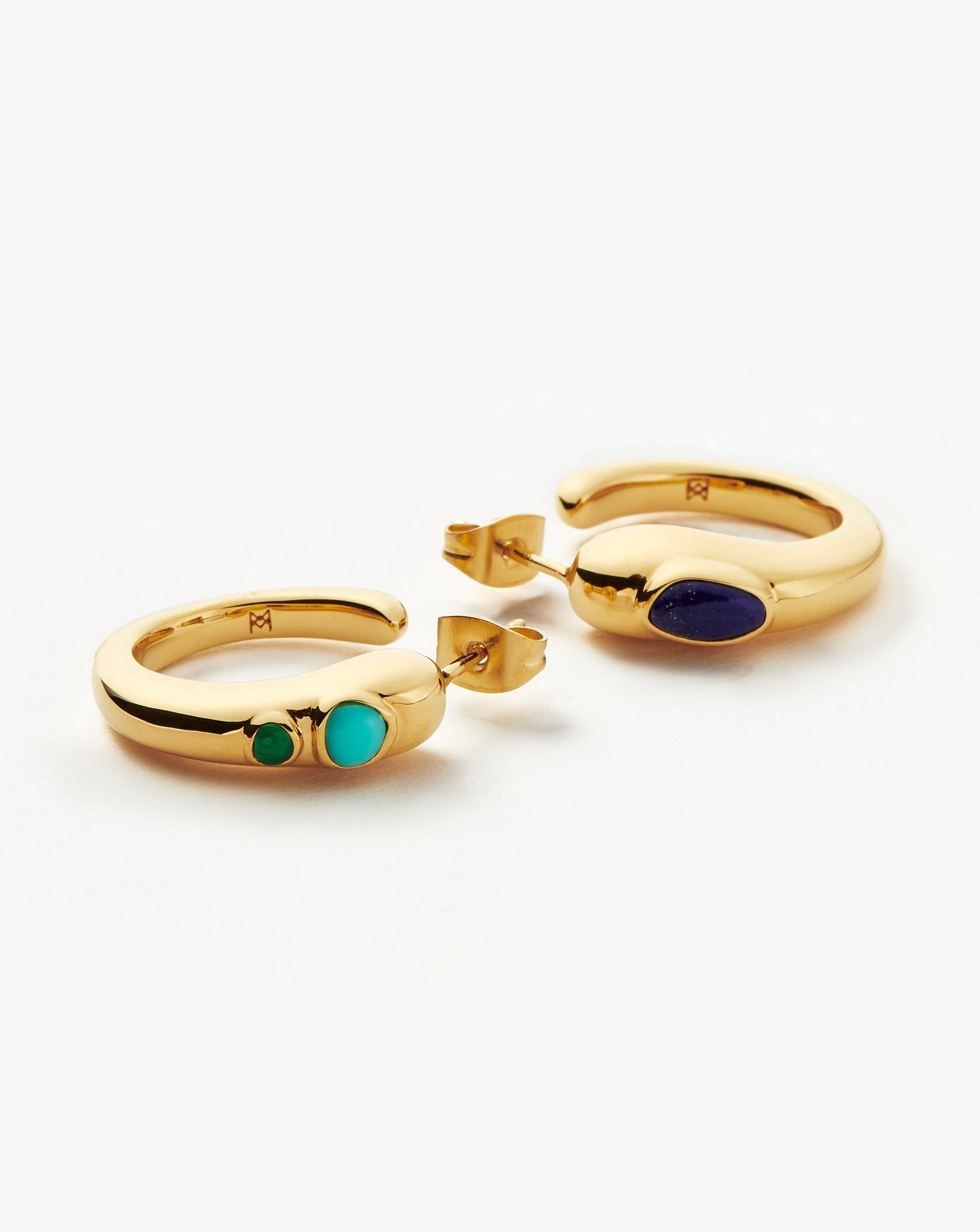 Molten Gemstone Mismatched Medium Hoop Earrings | 18ct Gold Plated/Chalcedony & Turquoise & Lapis
