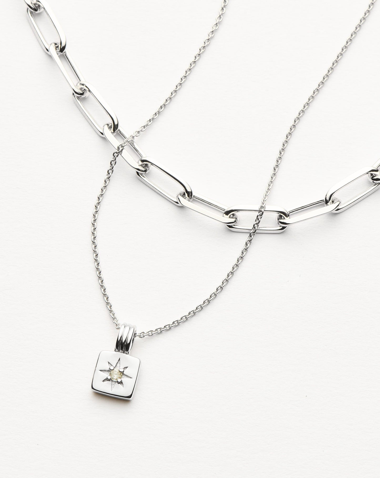 Star Ridge & Paperclip Chain Necklace Set | Silver Plated Cubic Zirconia