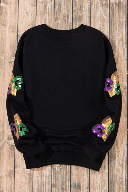 Black Sequin Mardi Gras Graphic Pullover Sweatshirt