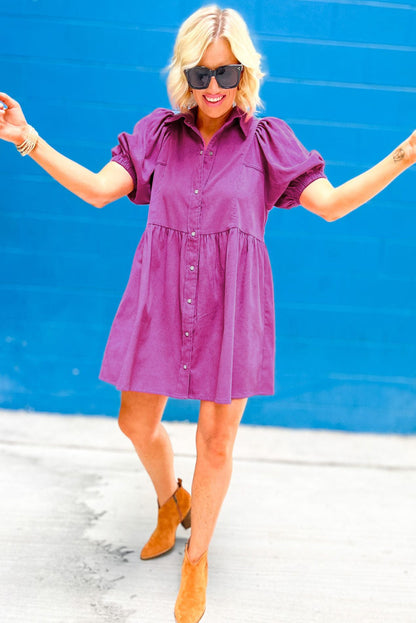 Rose Red Corduroy Puff Sleeve Collared Babydoll Dress