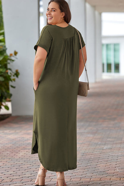 Green Plus Size V Neck Rolled Cuffs Maxi Dress