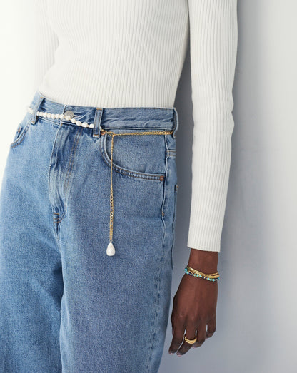 Baroque Pearl Figaro Chain Belt | 18ct Gold Plated/Pearl