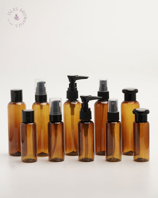 Amber Plastic Bottles w/ Black Covers