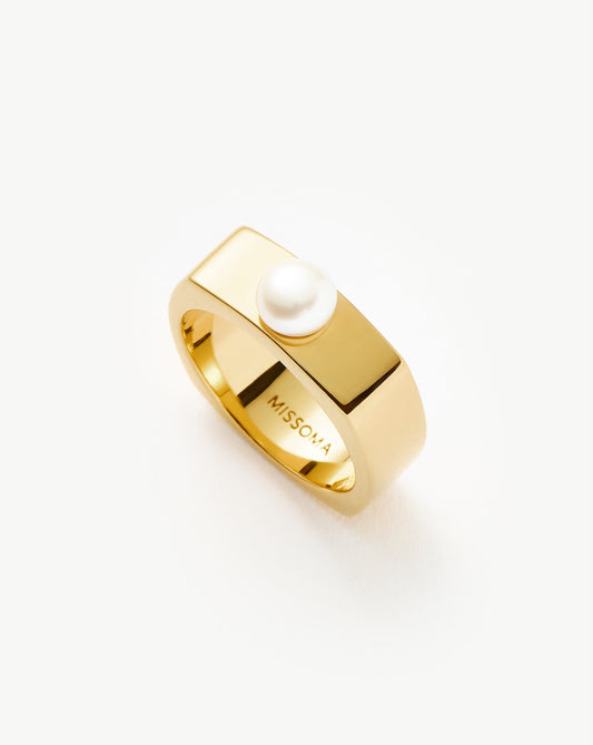 Button Pearl Square Chunky Ring | 18ct Gold Vermeil/Pearl