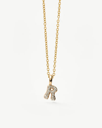 Fine Diamond Initial Mini Pendant Necklace - R | 14ct Solid Yellow Gold Plated/Diamond