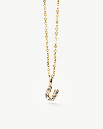 Fine Diamond Initial Mini Pendant Necklace - U | 14ct Solid Yellow Gold Plated/Diamond