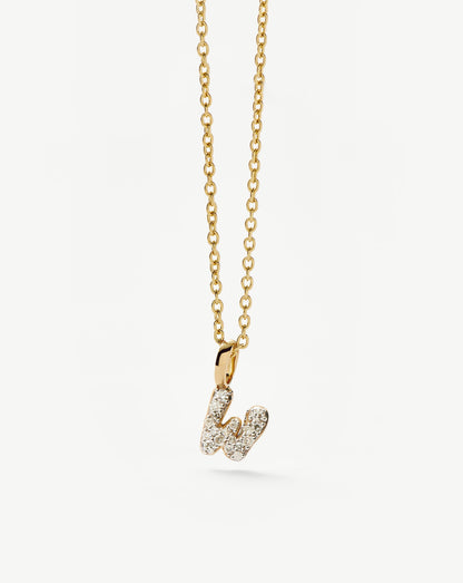 Fine Diamond Initial Mini Pendant Necklace - W | 14ct Solid Yellow Gold Plated/Diamond