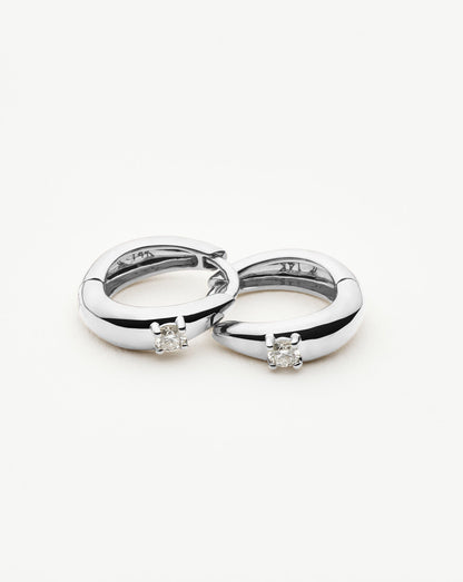 Fine Single Diamond Dome Huggies | 14ct Solid White Gold/Diamond