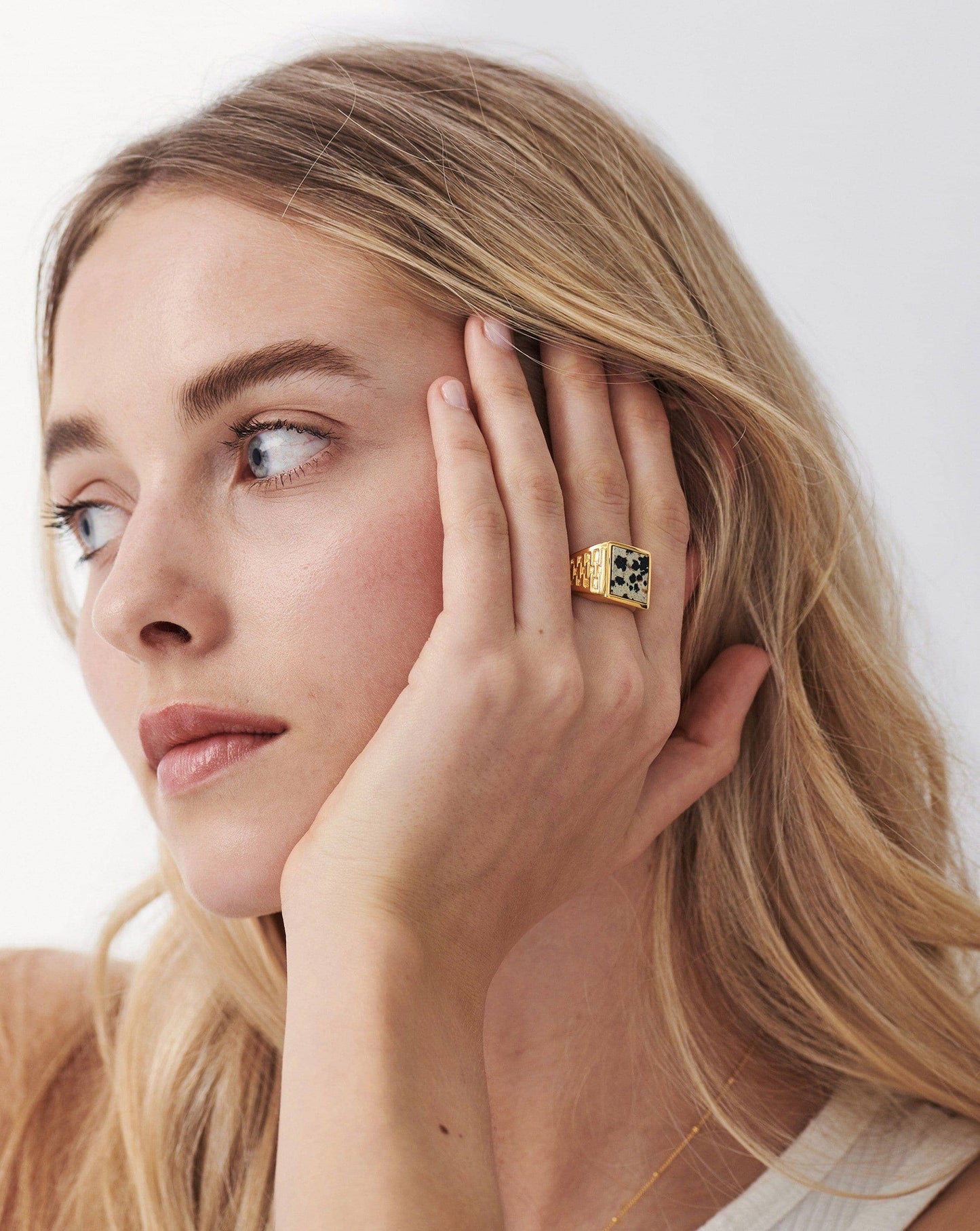 Fused Woven Gemstone Square Signet Ring | 18ct Gold Vermeil/Dalmation Jasper