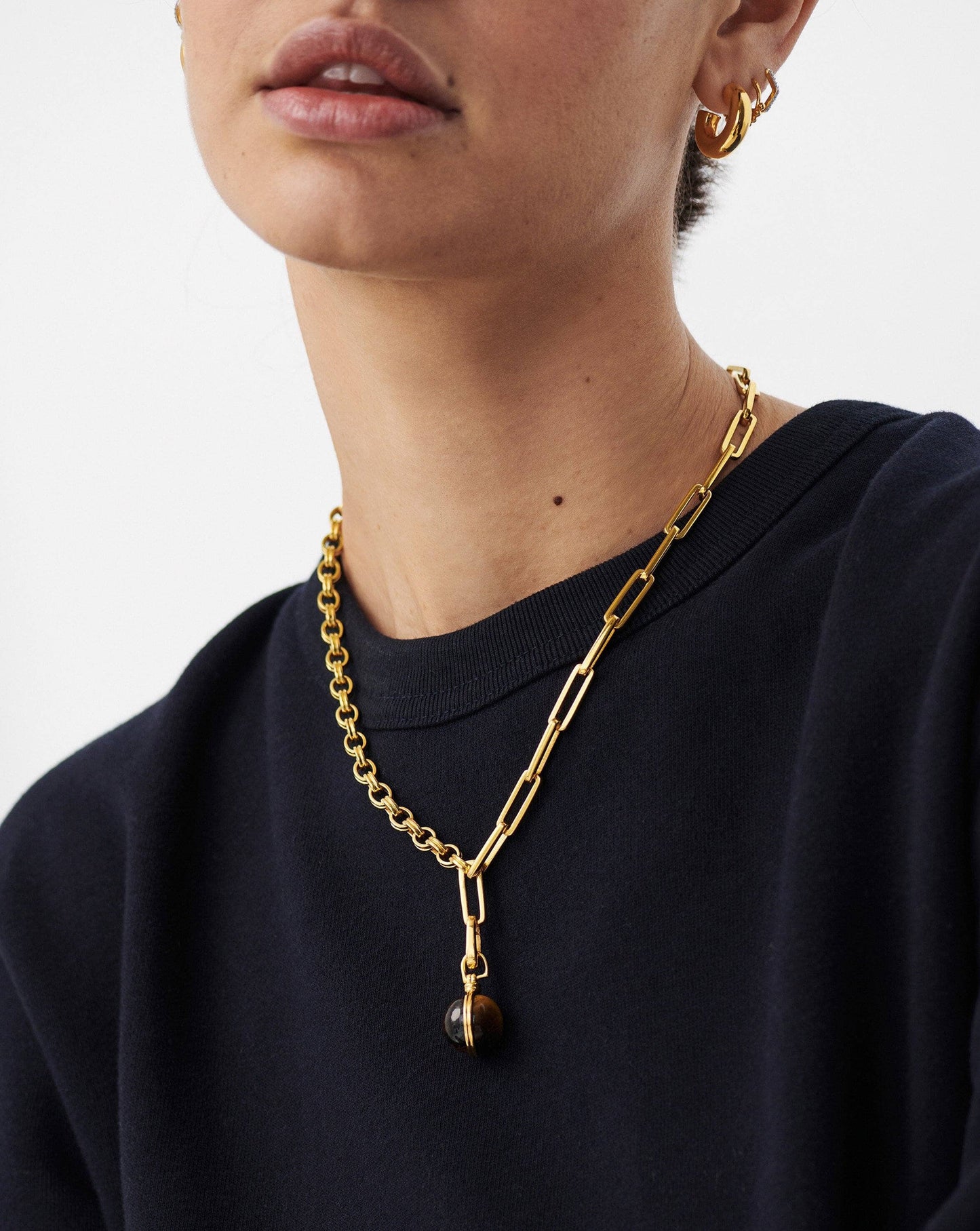 Gemstone Sphere Clip-On Pendant | 18ct Gold Plated, Tigers Eye
