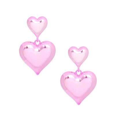 Dangle Pink Med Puffy Metal Heart Earrings Women