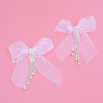 Tassel Pink Ribbon Bow Sparkling Fringe Earrings