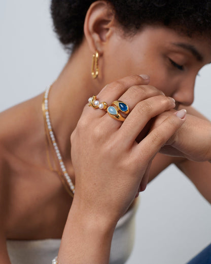 Good Vibes Double Gemstone Crossover Ring | 18ct Gold Plated/Petrol Blue Quartz & Aqua Chalcedony