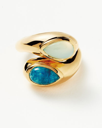 Good Vibes Double Gemstone Crossover Ring | 18ct Gold Plated/Petrol Blue Quartz & Aqua Chalcedony