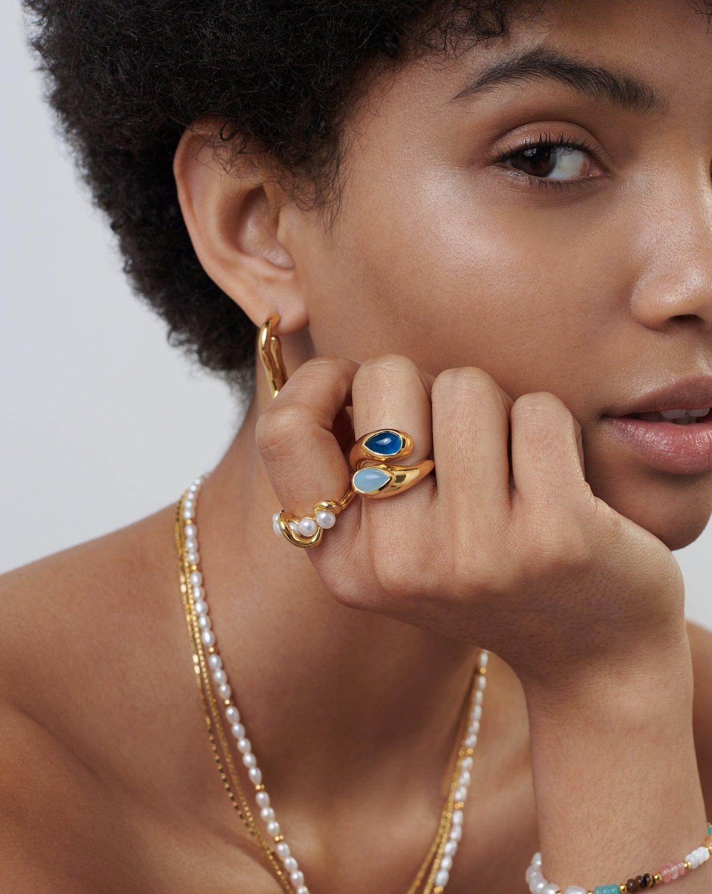 Good Vibes Double Gemstone Crossover Ring | 18ct Gold Plated/Petrol Blue Quartz & Aqua Chalcedony