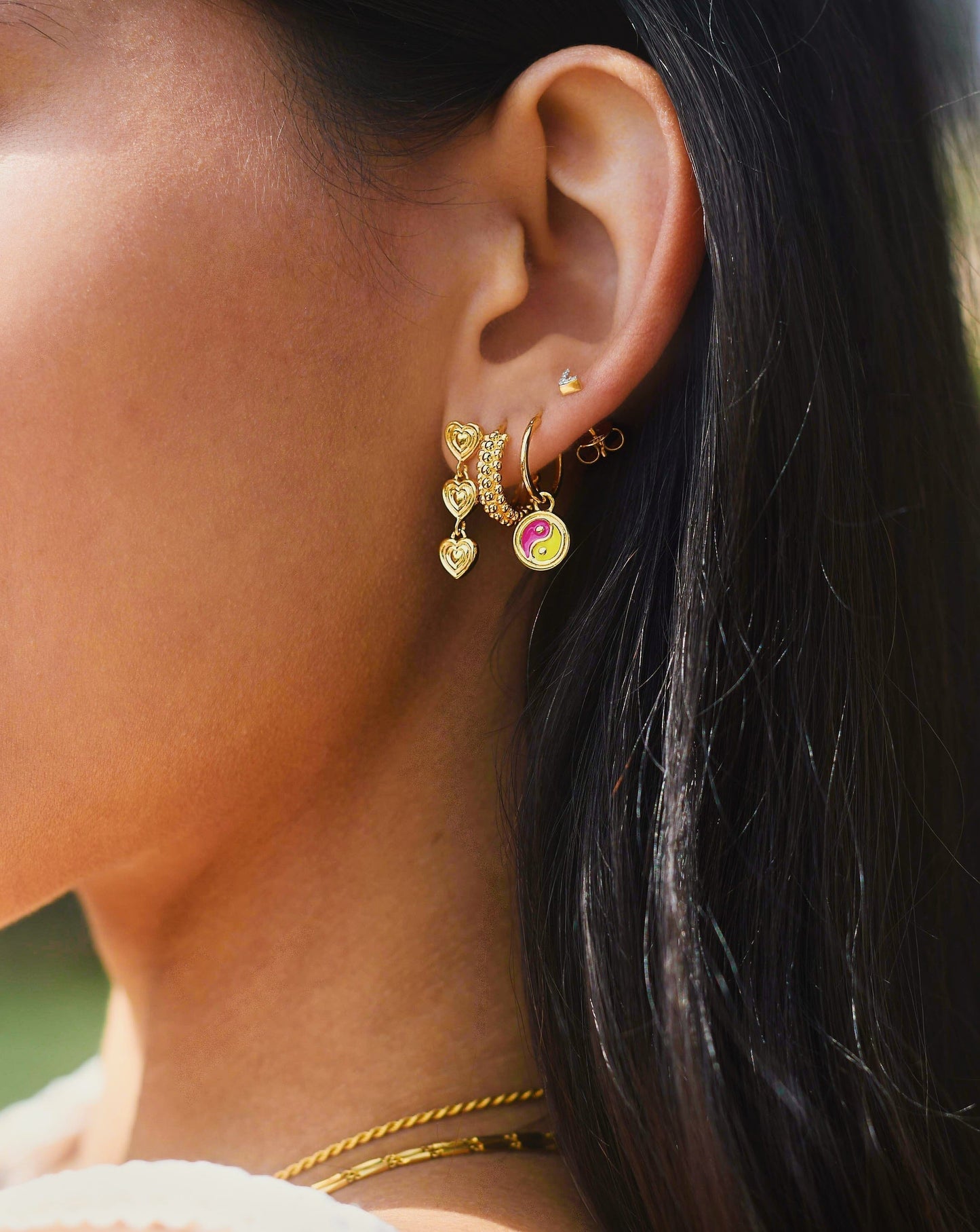 Good Vibes Enamel Yin & Yang Mini Charm Hoop Earrings | 18ct Gold Vermeil/Pink & Lemon Yellow