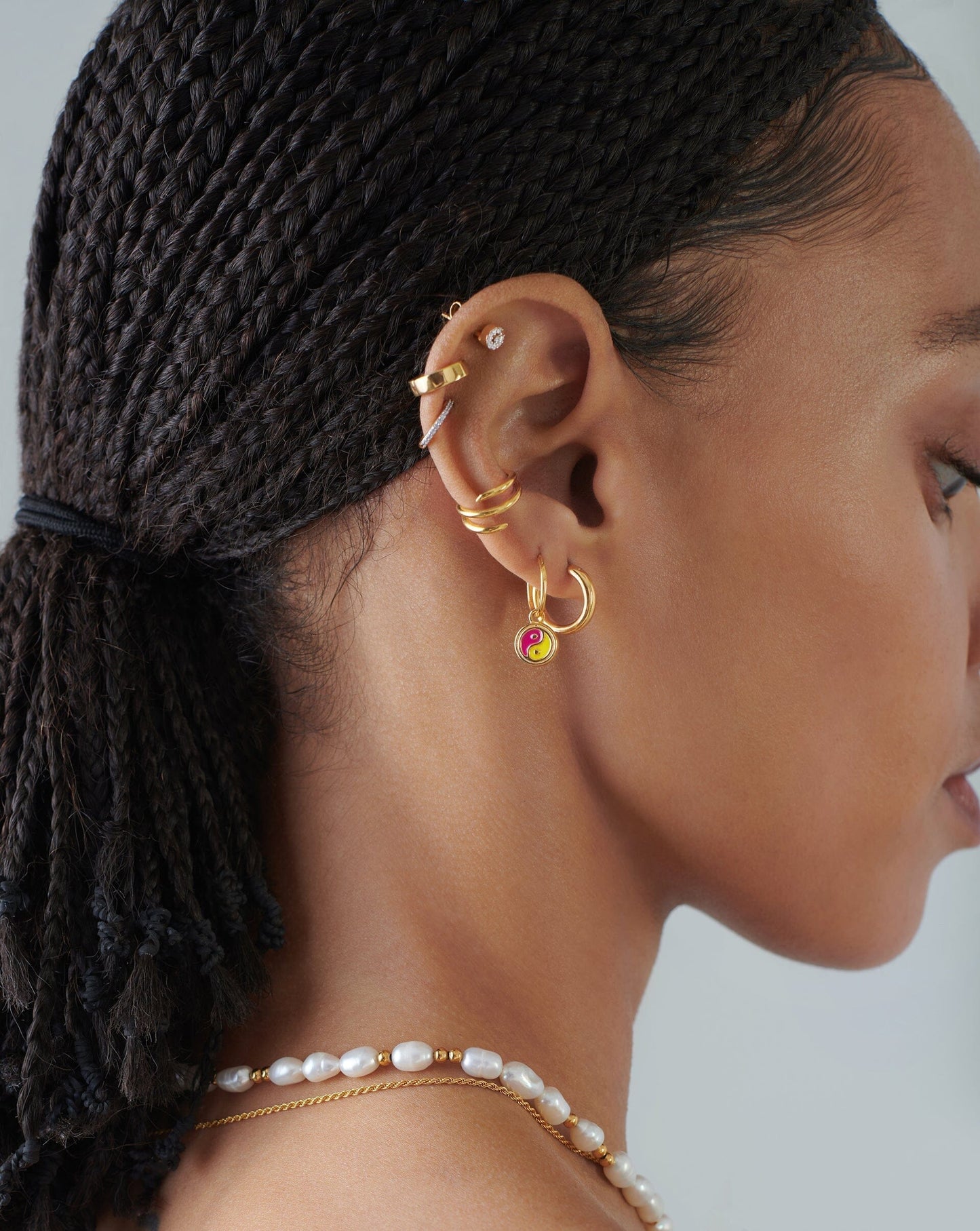 Good Vibes Enamel Yin & Yang Mini Charm Hoop Earrings | 18ct Gold Vermeil/Pink & Lemon Yellow