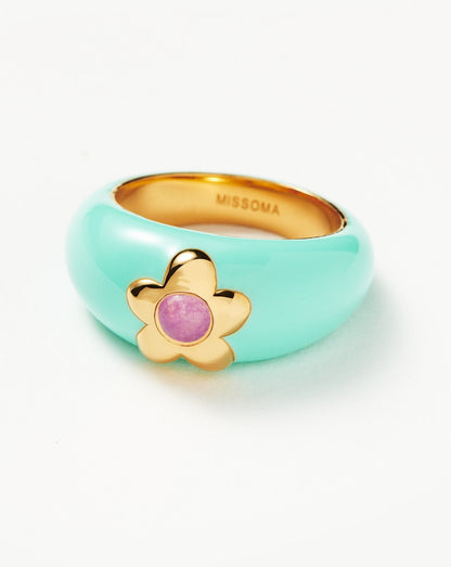 Good Vibes Small Enamel Flower Gemstone Ring | 18ct Gold Plated/Purple Quartz
