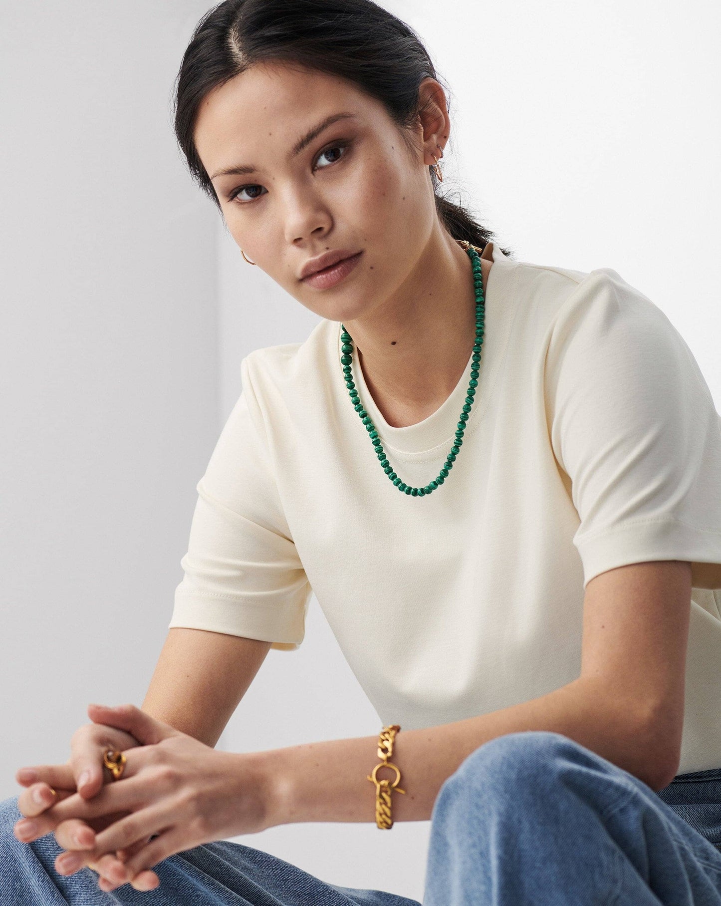 Graduated Sphere T-Bar Necklace | 18ct Gold Plated/Malachite