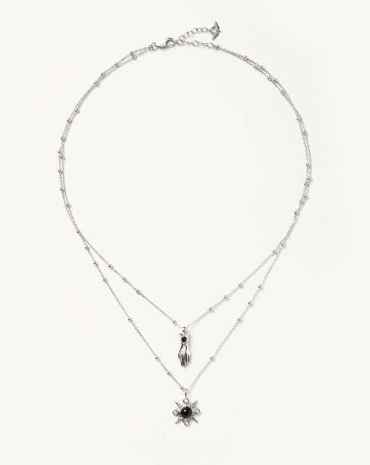 Harris Reed Handpicked Double Chain Pendant Necklace | Silver Plated/Pearl & Onyx