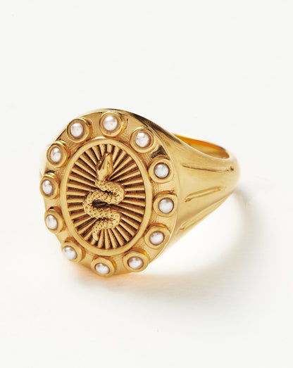 Harris Reed Serpent Pearl Signet Ring |18ct Gold Plated/Pearl