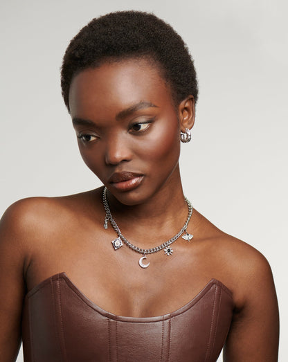 Harris Reed Symbols of Change Charm Choker | Silver Plated/Pearl & Onyx & Rainbow Moonstone