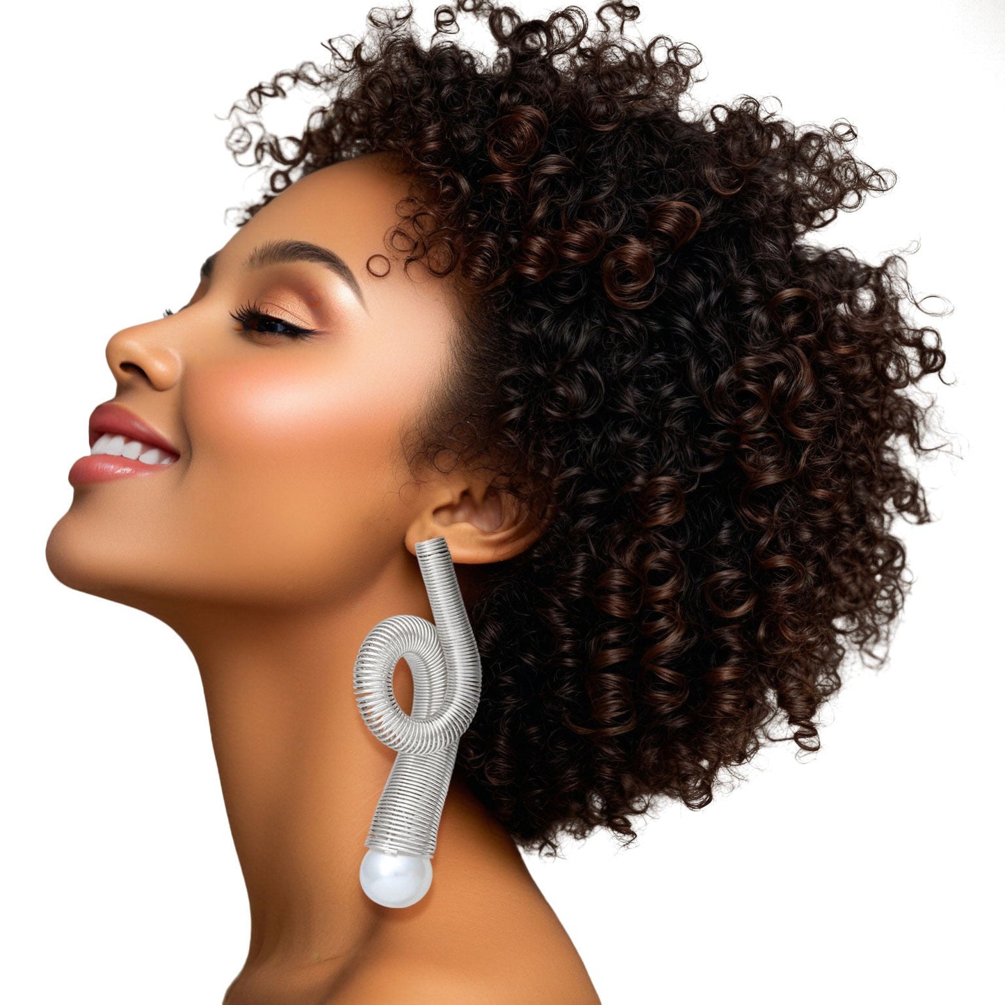 Drop Large Silver Looped Coil Wire Pearl Earrings