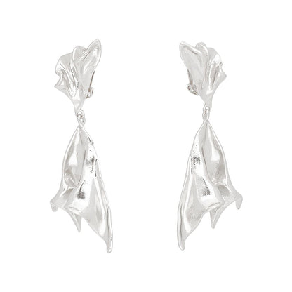 Clip On Dramatic Silver Gathered Metal Earrings