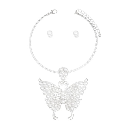 Choker Silver Pearl Butterfly Pendant Necklace