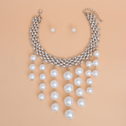 Choker Modernist Silver Woven Chain Pearl Drop Set