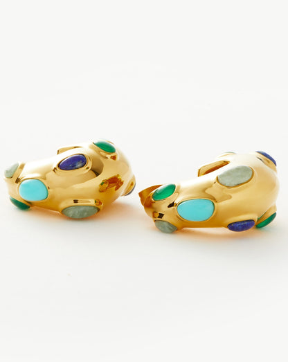 Molten Gemstone Chubby Medium Hoop Earrings | 18ct Gold Plated/Chalcedony & Turquoise & Aquamarine