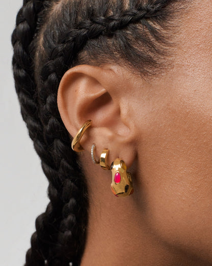 Molten Gemstone Chubby Small Hoop Earrings | 18ct Gold Plated/Chalcedony & Quartz