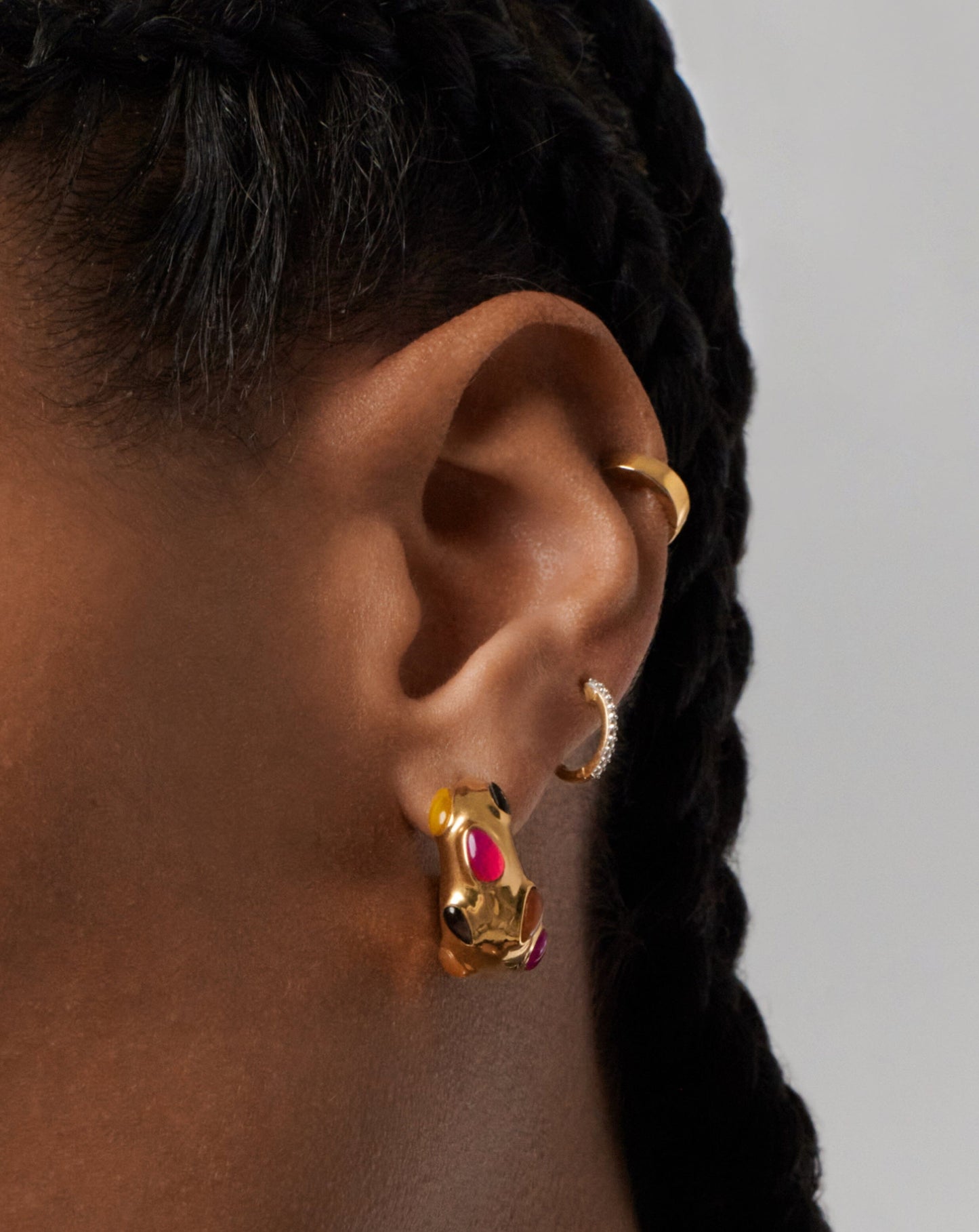 Molten Gemstone Chubby Small Hoop Earrings | 18ct Gold Plated/Chalcedony & Quartz