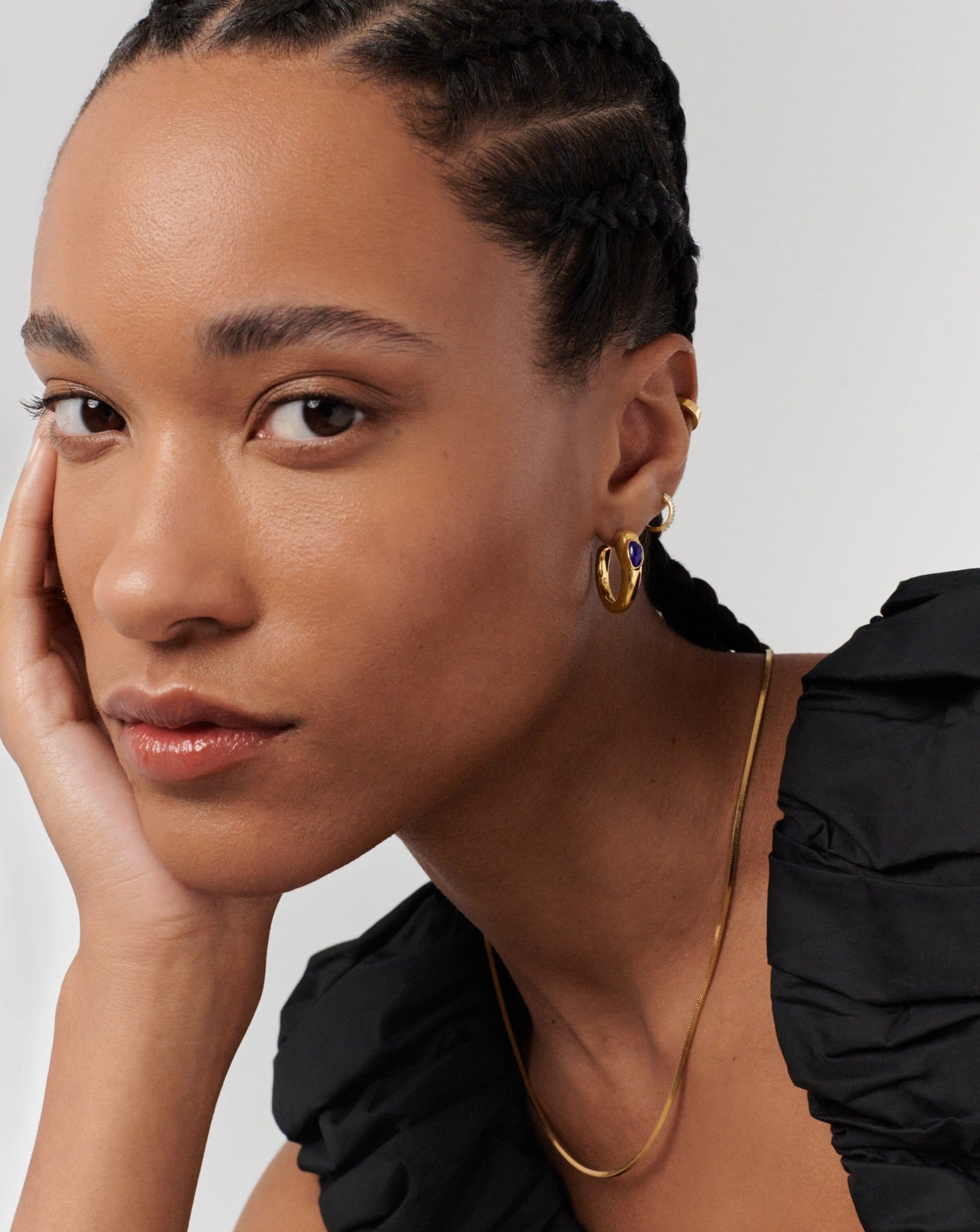 Molten Gemstone Mismatched Medium Hoop Earrings | 18ct Gold Plated/Chalcedony & Turquoise & Lapis