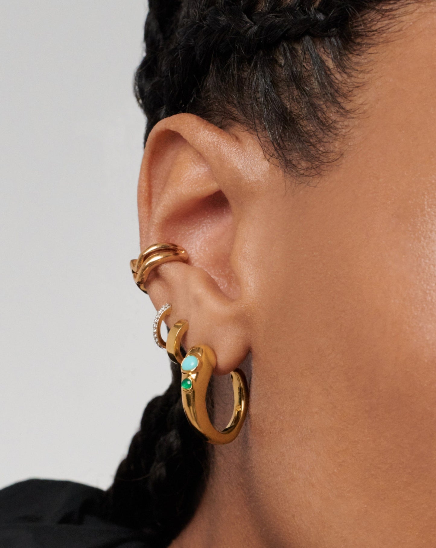Molten Gemstone Mismatched Medium Hoop Earrings | 18ct Gold Plated/Chalcedony & Turquoise & Lapis