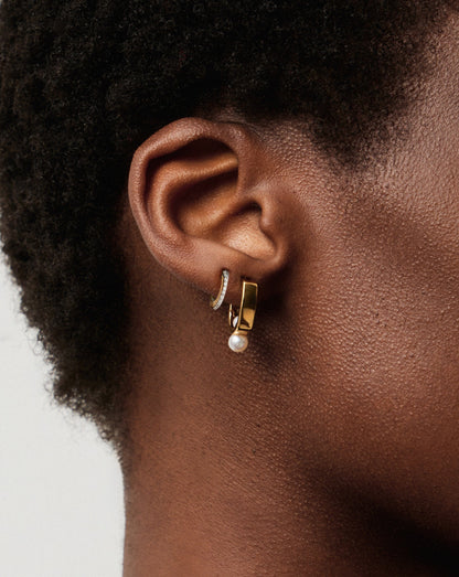 Pearl Square & Pave Small Hoop Earring Set | 18ct Gold Vermeil Cubic Zirconica Pearl