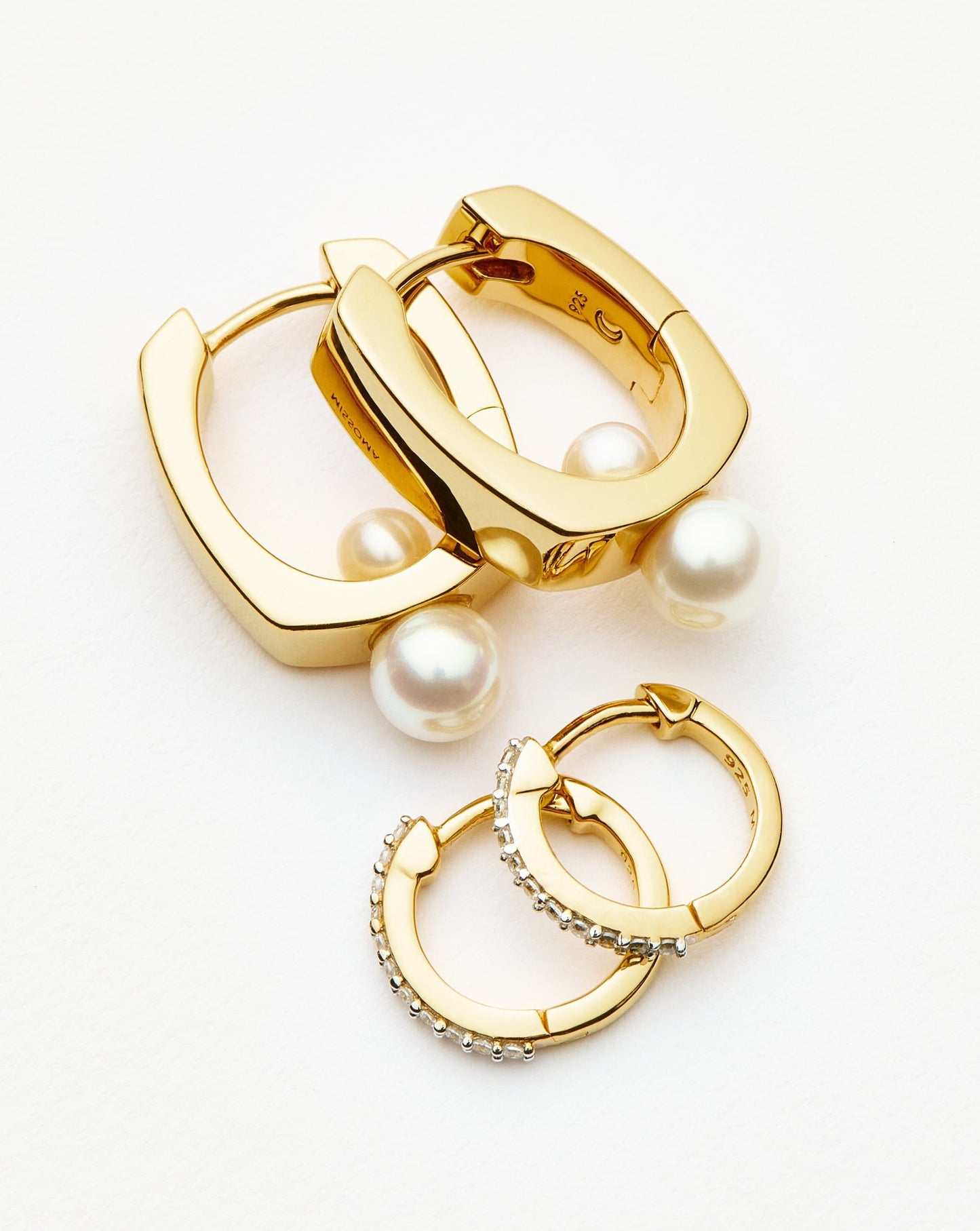 Pearl Square & Pave Small Hoop Earring Set | 18ct Gold Vermeil Cubic Zirconica Pearl