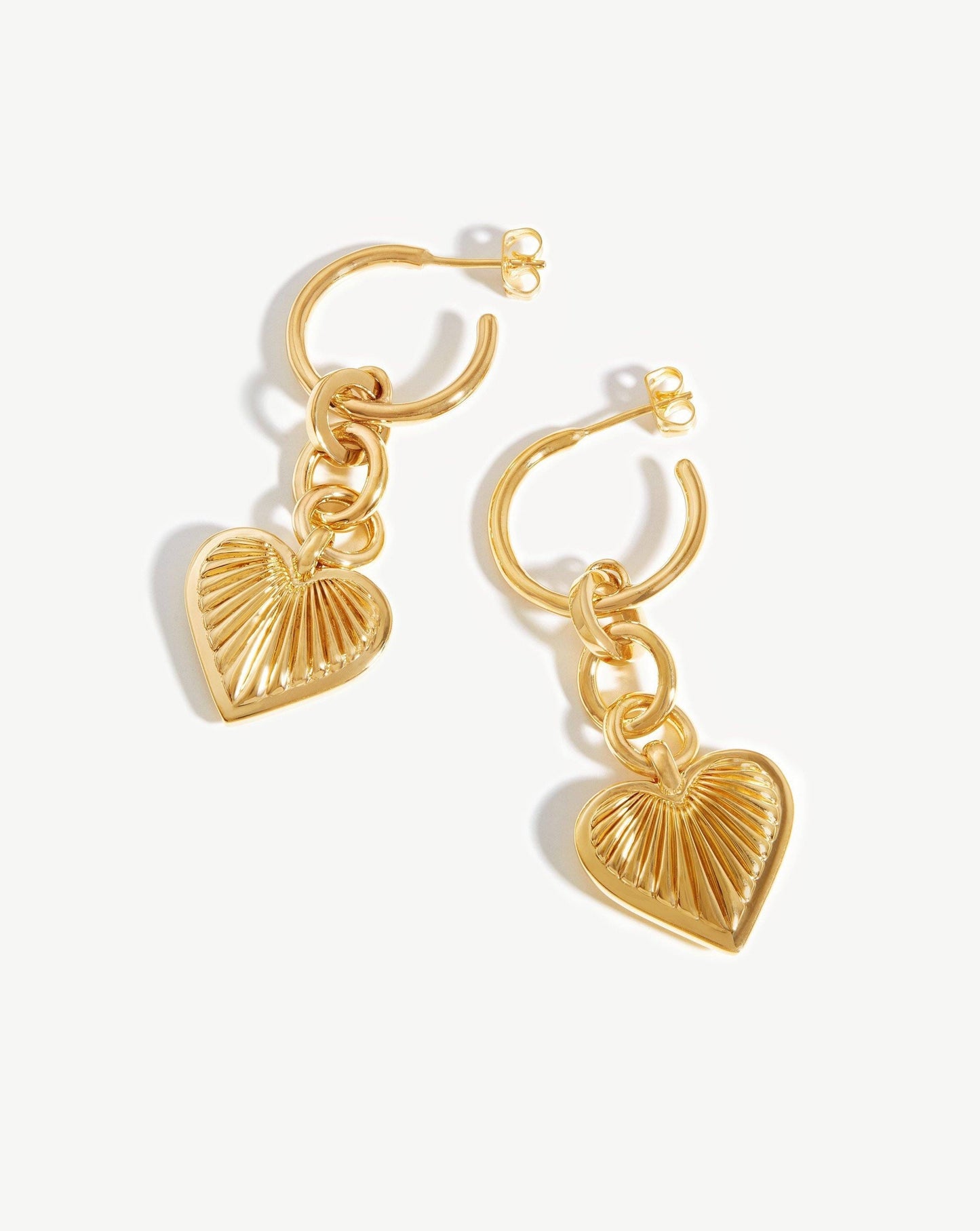 Ridge Heart Drop Hoop Earrings | 18ct Gold Plated