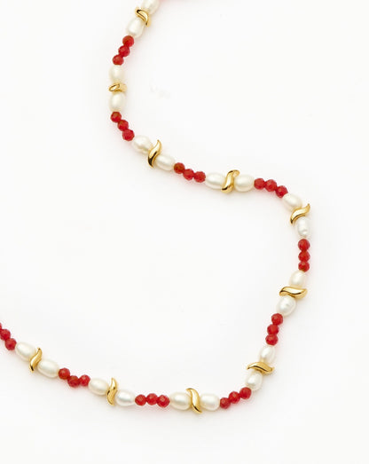 Savi Seed Pearl Beaded Necklace | Red Quartz & Pearl