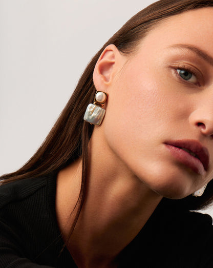 Square Pearl Statement Earrings | 18ct Gold Plated/Pearl